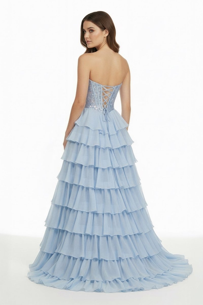 Sky Blue Sweetheart A Line Chiffon Ruffled Long Formal Prom Dresses With Sequins