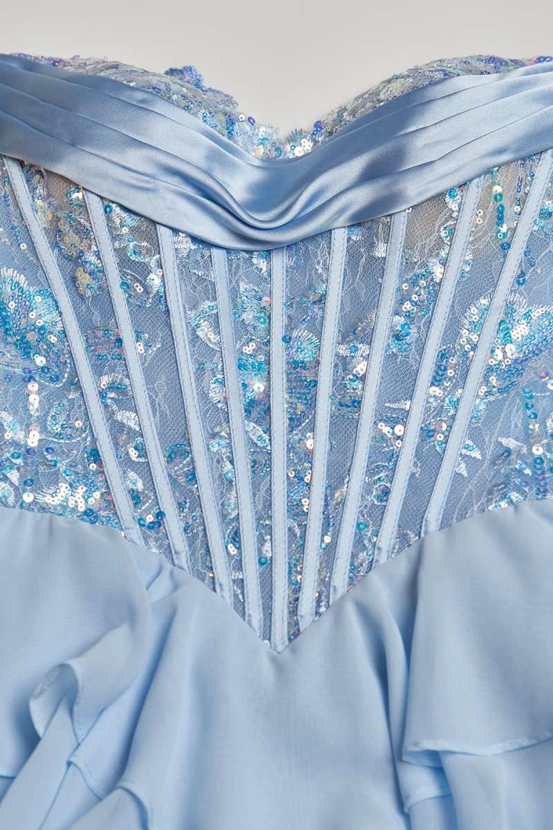 Sky Blue Sweetheart A Line Chiffon Ruffled Long Formal Prom Dresses With Sequins