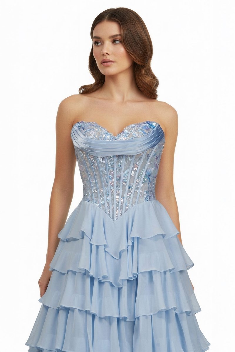 Sky Blue Sweetheart A Line Chiffon Ruffled Long Formal Prom Dresses With Sequins