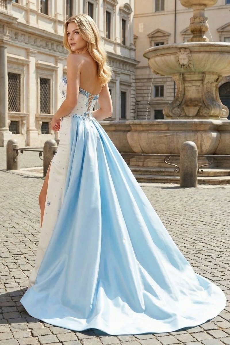 White Strapless A-Line Beads Side Slit Formal Prom Dress With Train