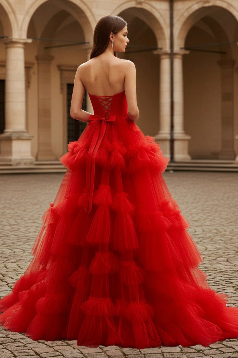 Red A-Line Strapless Ruffled Tulle Evening Dress