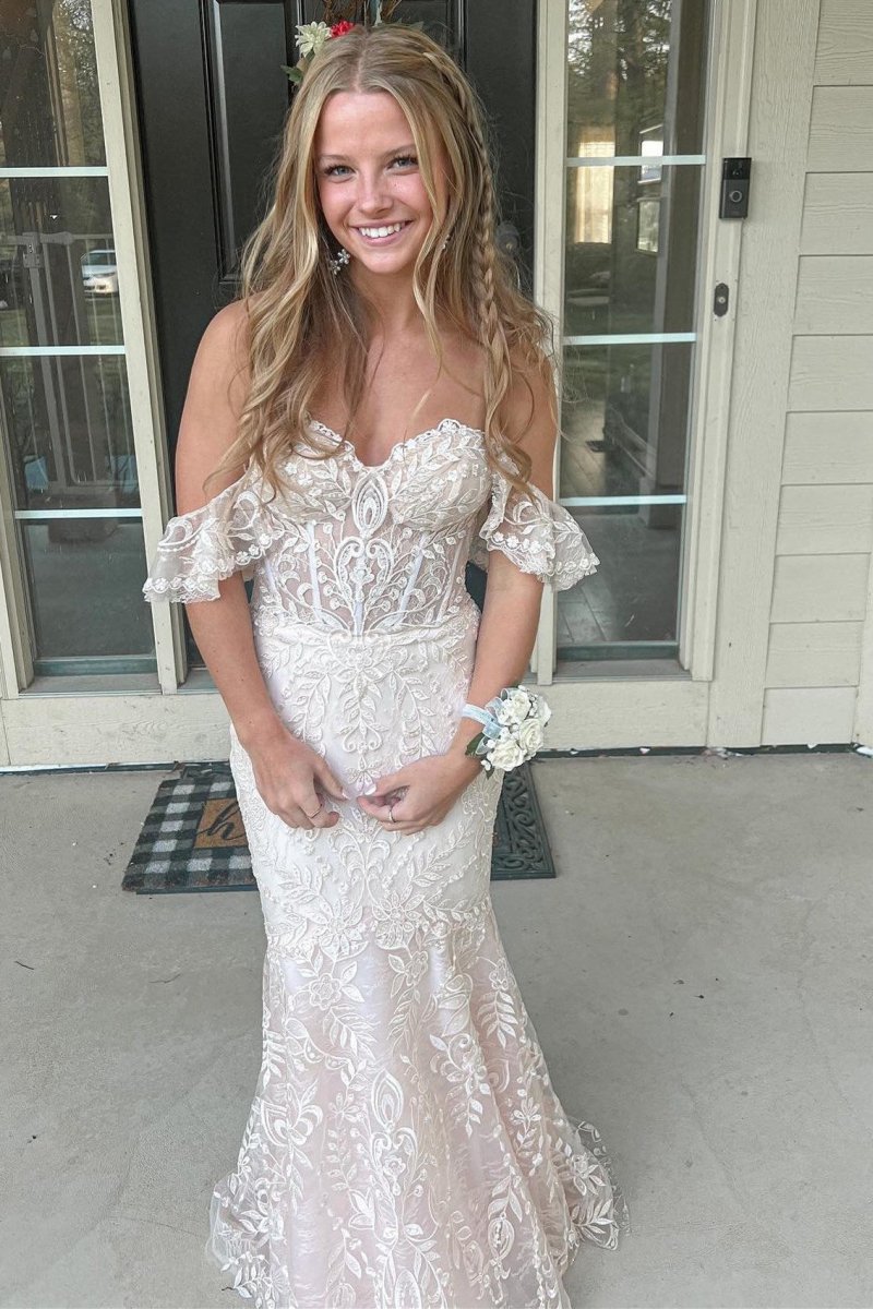 Blue Floral Lace Off-the-Shoulder Ruffle Long Prom Dress