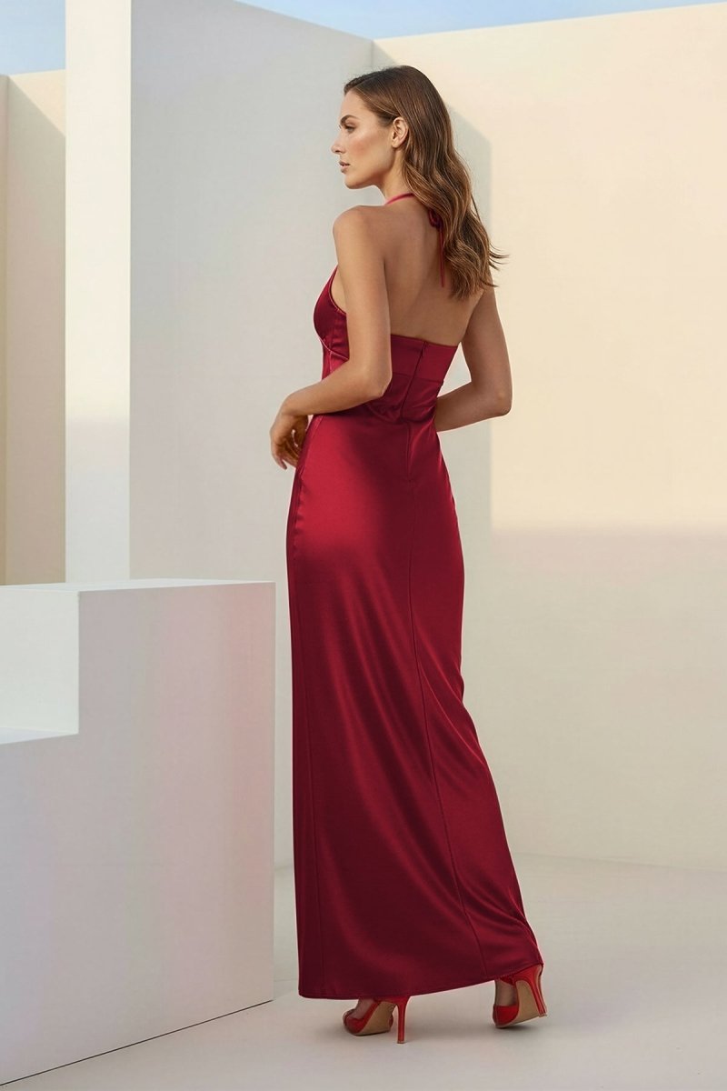 Red Halter Sheath Satin Long Formal Prom Dresses With Flower