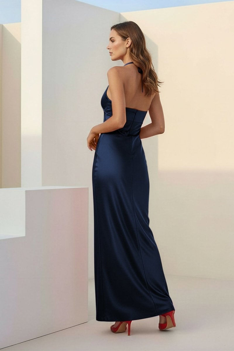 Red Halter Sheath Satin Long Formal Prom Dresses With Flower