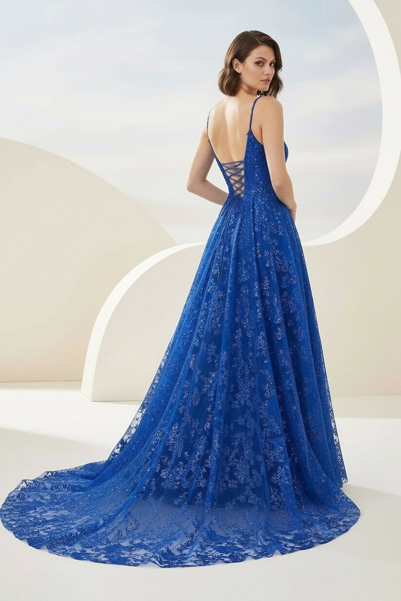 Royal Blue - A-Line Sequined Lace Spaghetti Straps Long Prom Dresses