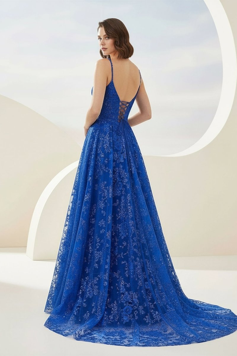 Royal Blue - A-Line Sequined Lace Spaghetti Straps Long Prom Dresses