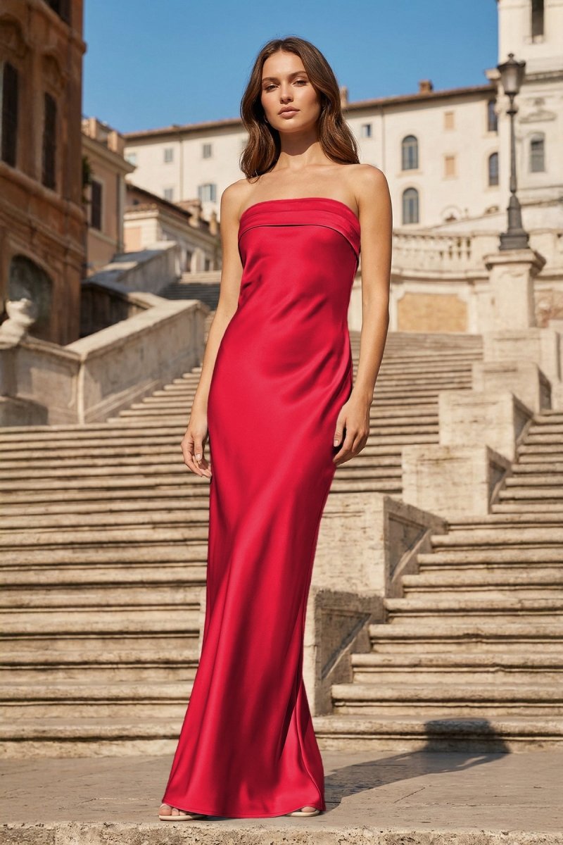 Sky Blue Strapless Sheath Satin Pleated Open Back Long Prom Dresses