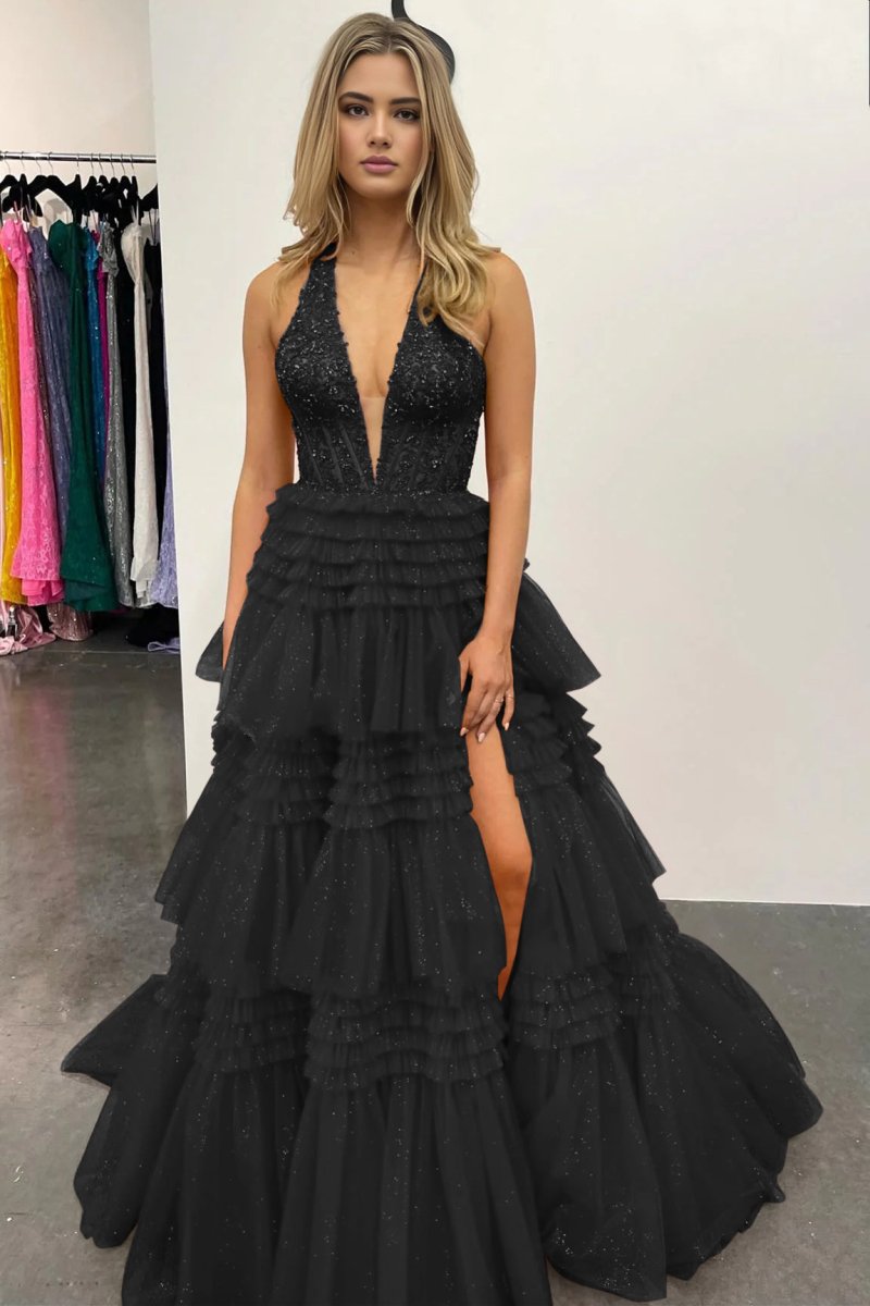 Red Tulle Appliques Halter Ruffle Tiered Ball Gown