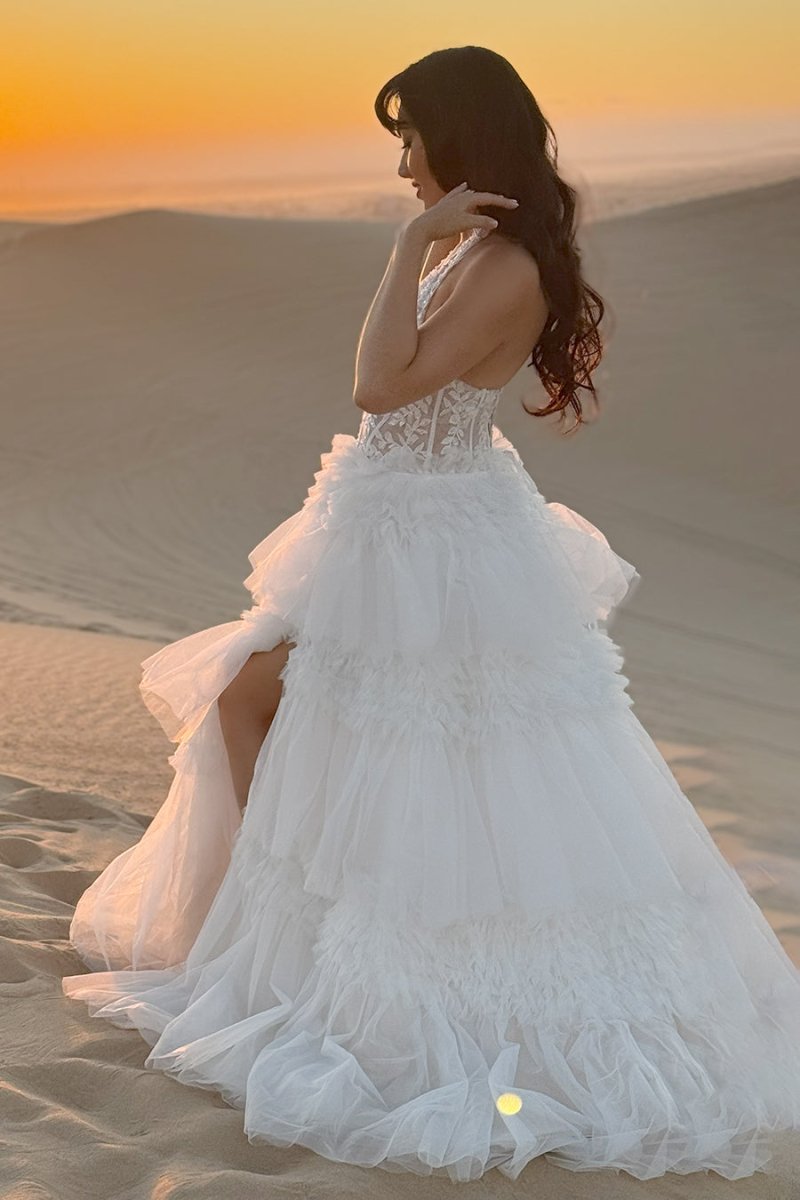 Red Tulle Appliques Halter Ruffle Tiered Ball Gown