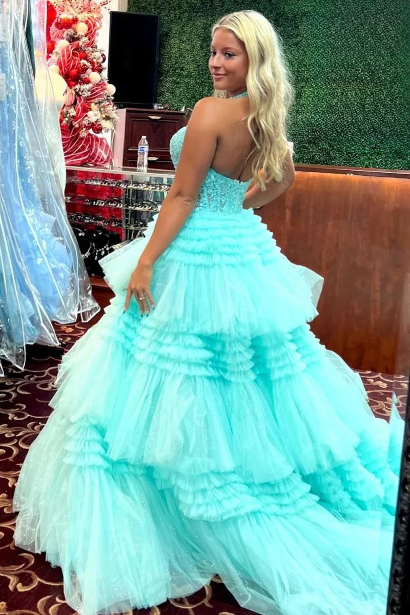 Red Tulle Appliques Halter Ruffle Tiered Ball Gown