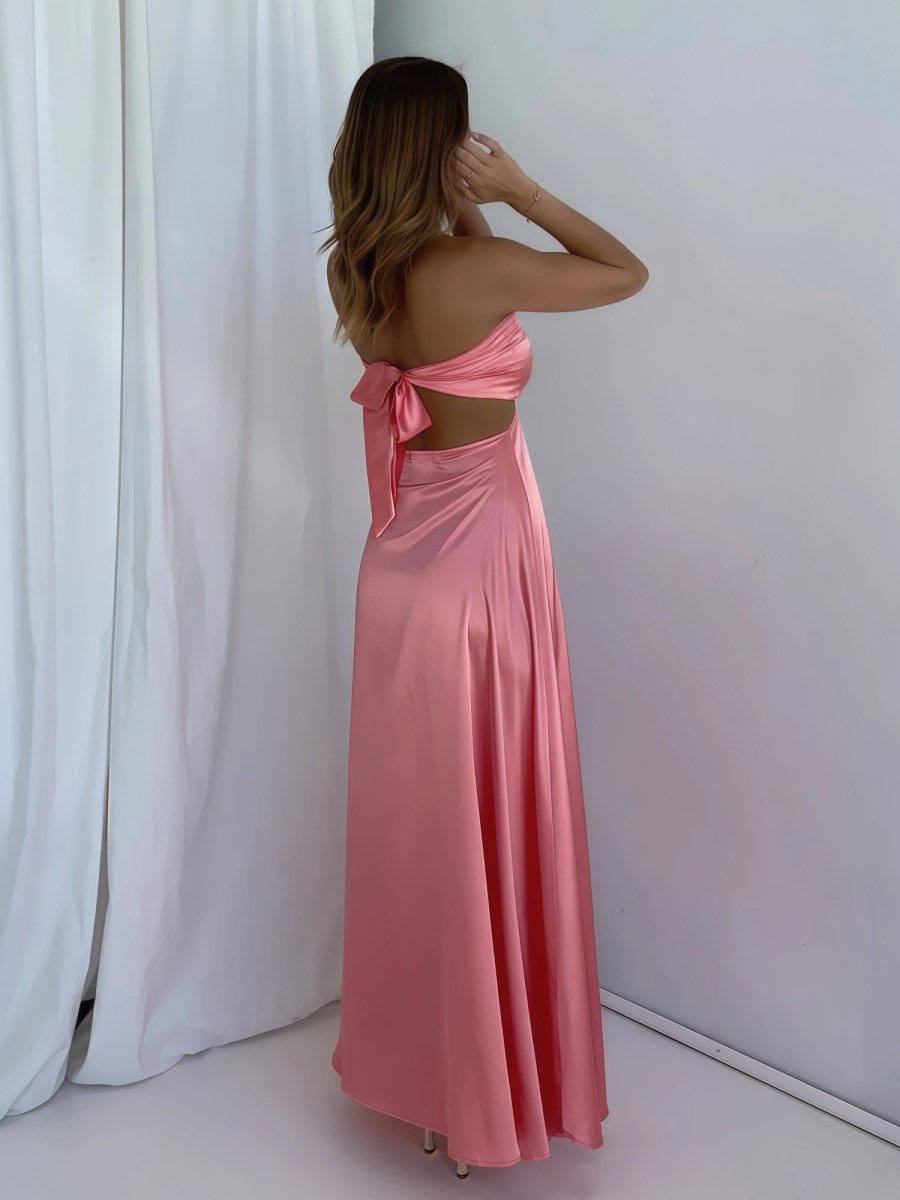 PInk Sweetheart Back Tie Satin A-line Prom Dress