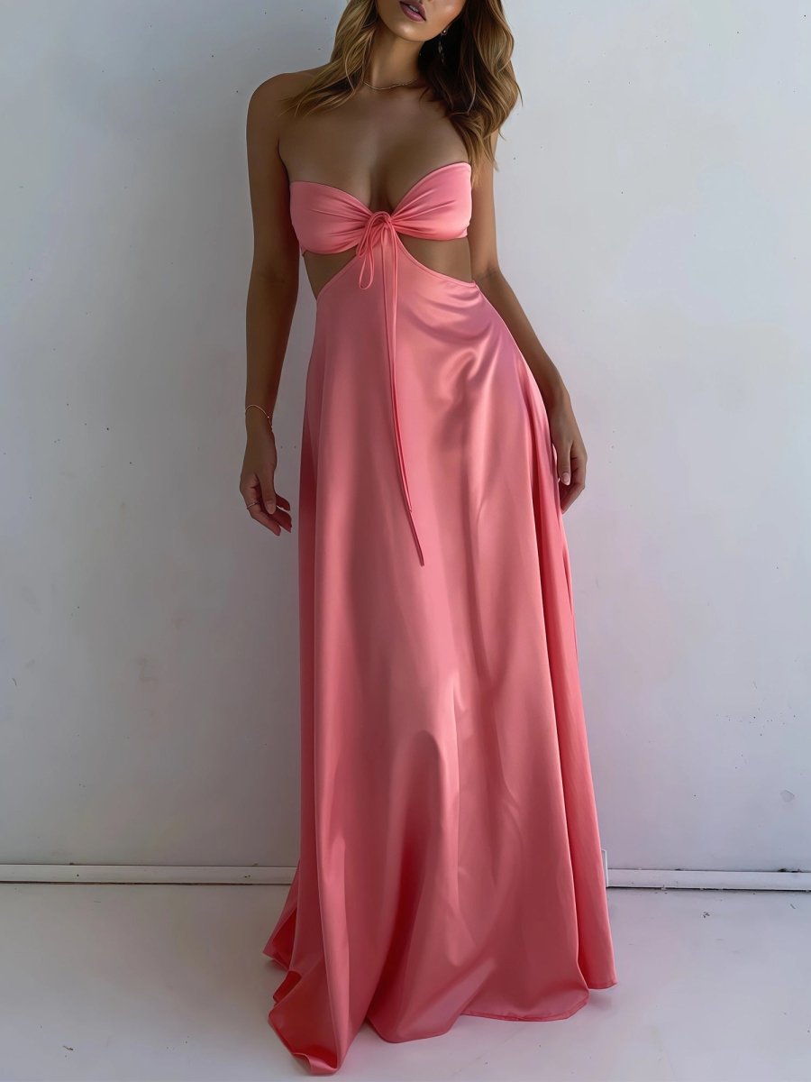 PInk Sweetheart Back Tie Satin A-line Prom Dress