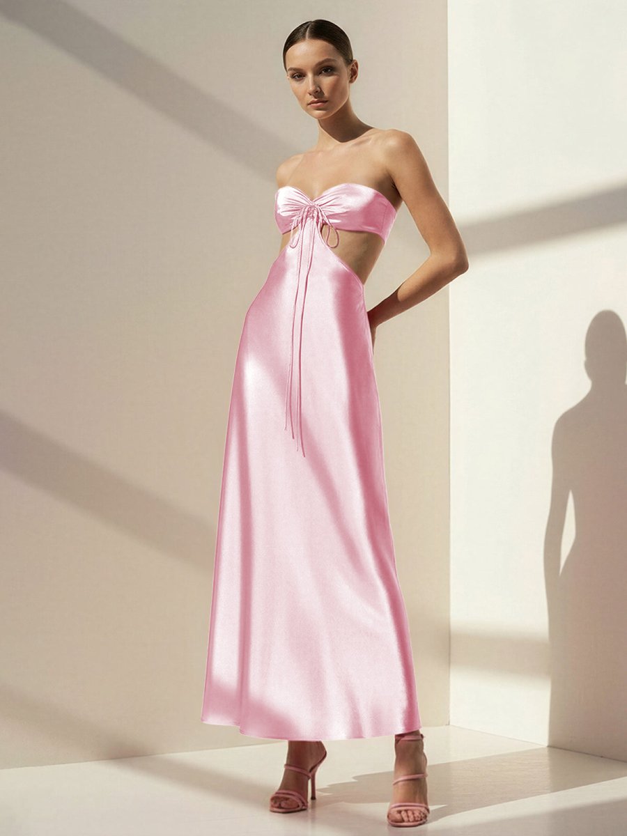 PInk Sweetheart Back Tie Satin A-line Prom Dress