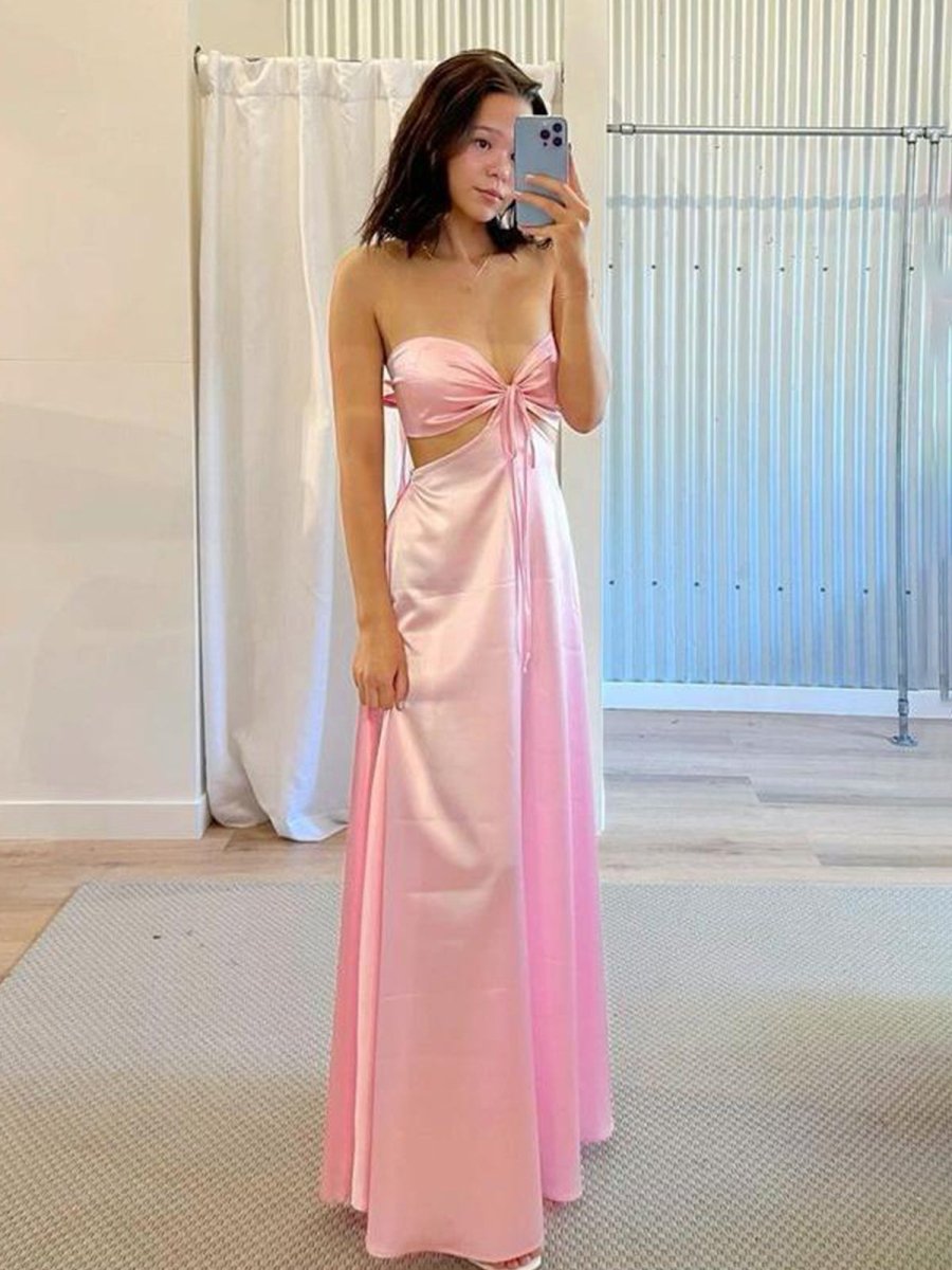 PInk Sweetheart Back Tie Satin A-line Prom Dress