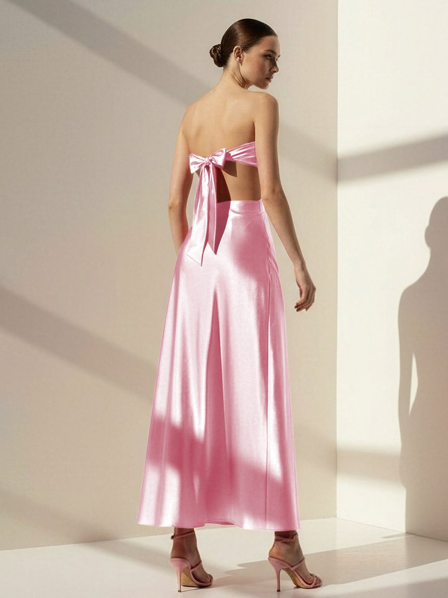 PInk Sweetheart Back Tie Satin A-line Prom Dress