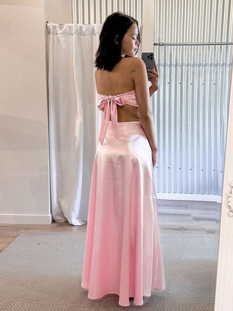 PInk Sweetheart Back Tie Satin A-line Prom Dress