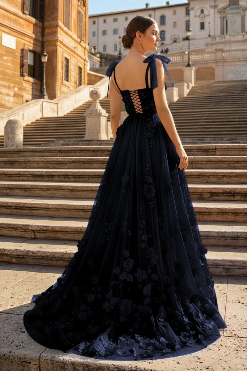 Scarlet Tulle A-line 3D Flower Long Prom Dress With Slit