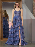 Grey Blue Princess A Line Spaghetti Straps Corset Prom Dress with Lace Ruffles