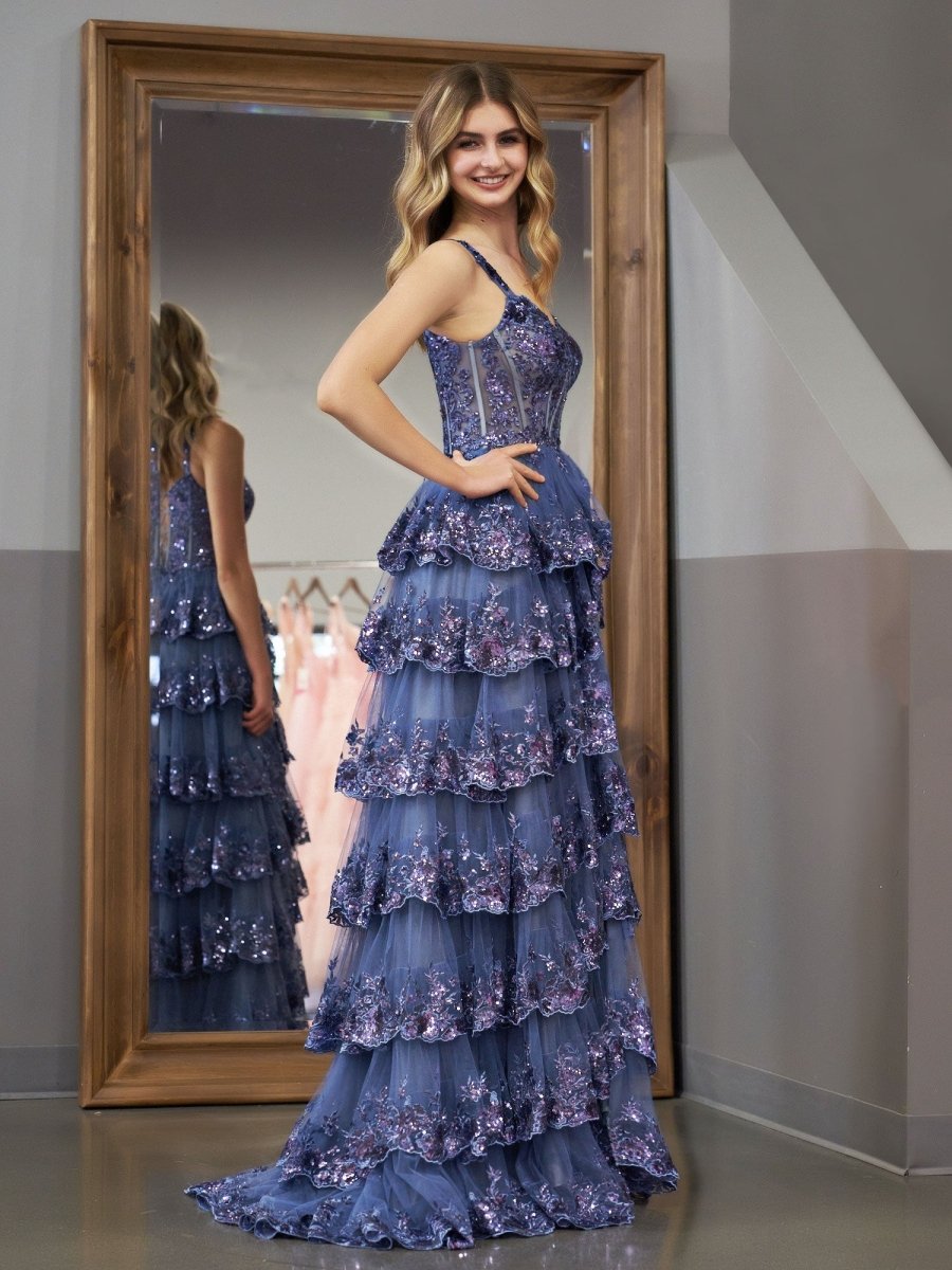 Grey Blue Princess A Line Spaghetti Straps Corset Prom Dress with Lace Ruffles