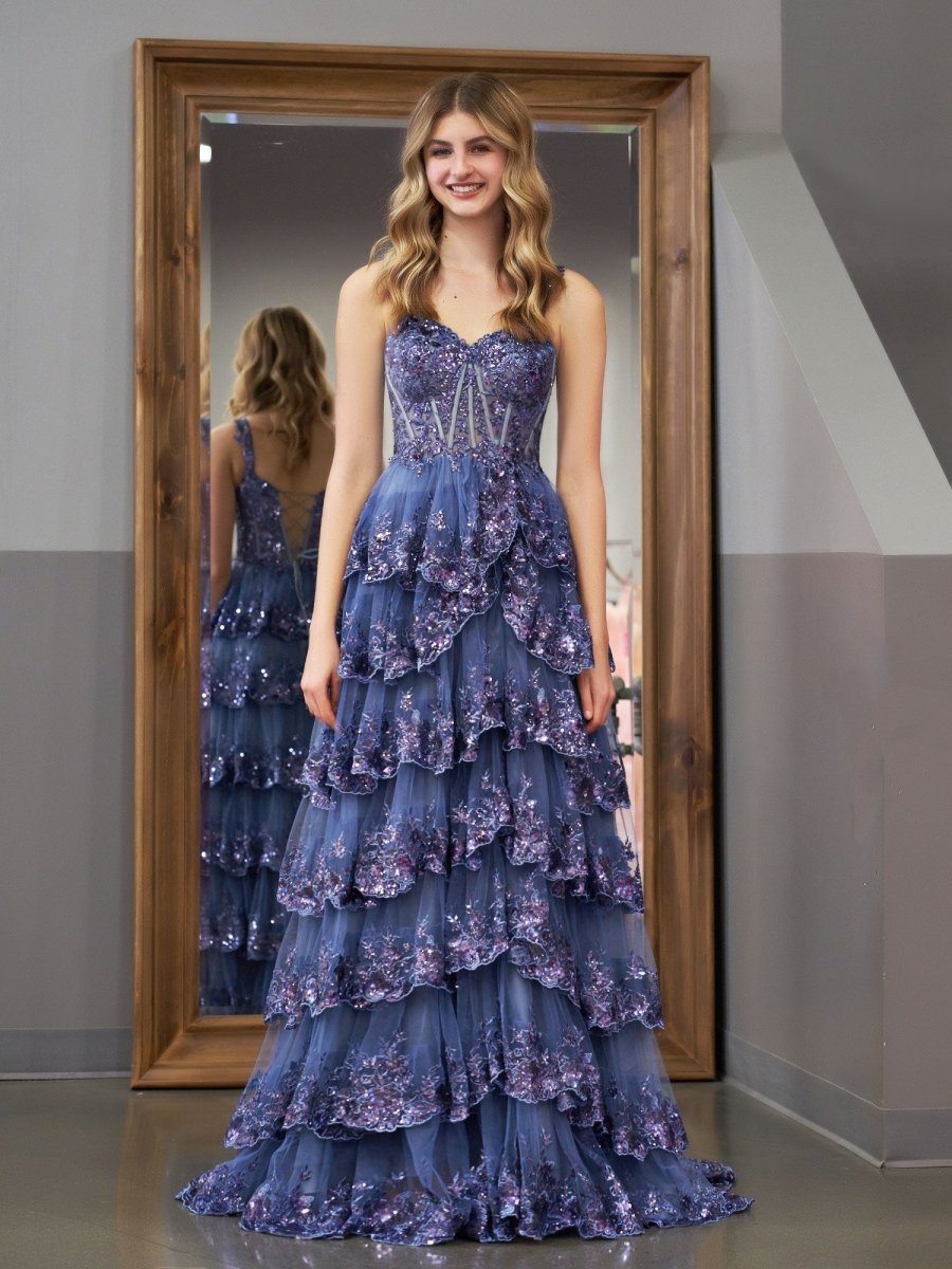 Grey Blue Princess A Line Spaghetti Straps Corset Prom Dress with Lace Ruffles