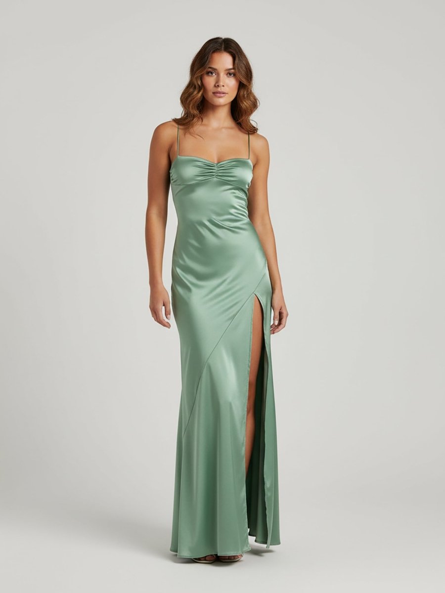 Spaghetti Straps Sheath Long Prom Dresses With Split