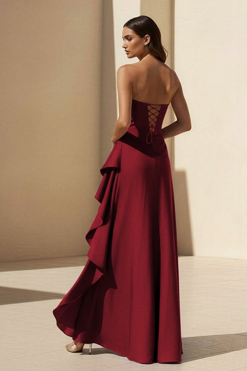 Magenta Strapless A Line High Low Formal Prom Dresses With Ruffles