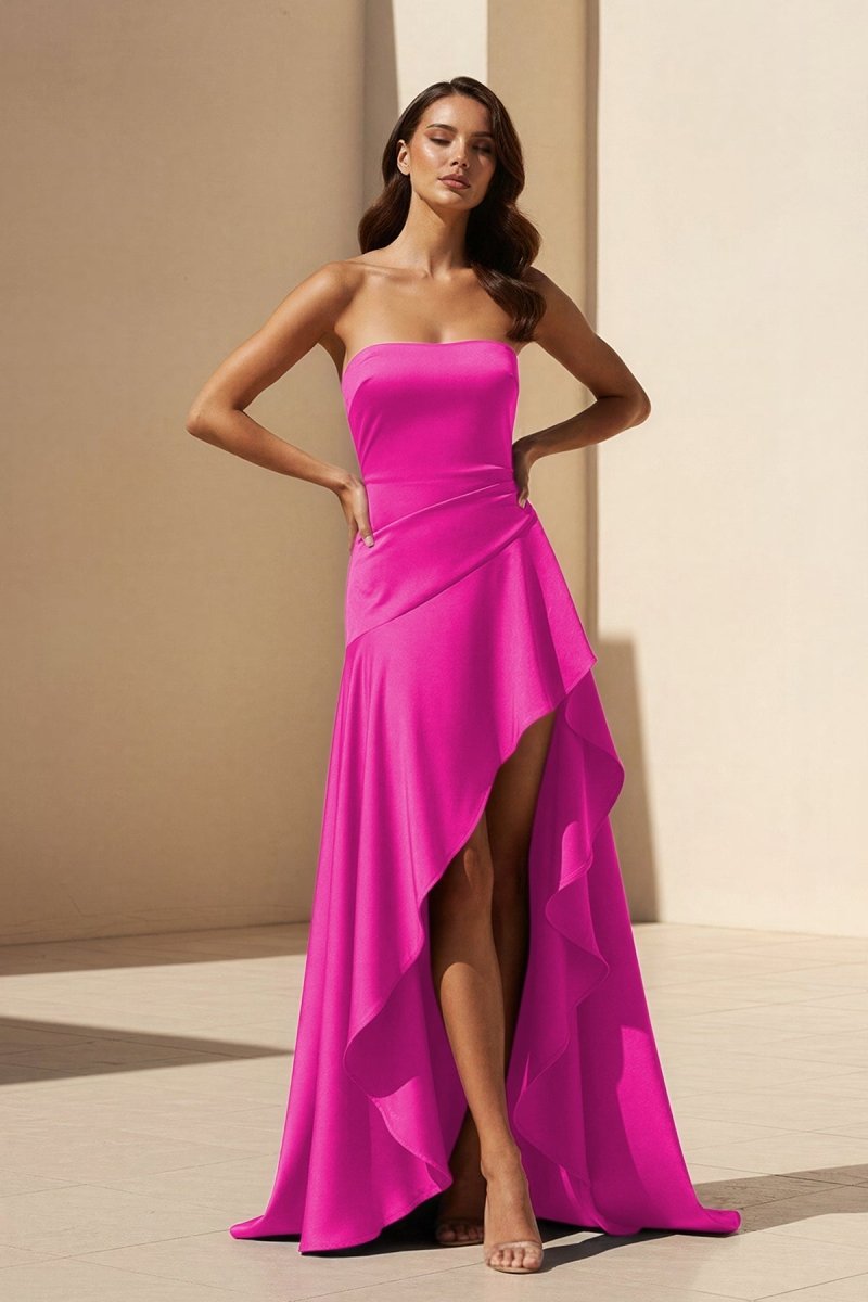 Magenta Strapless A Line High Low Formal Prom Dresses With Ruffles