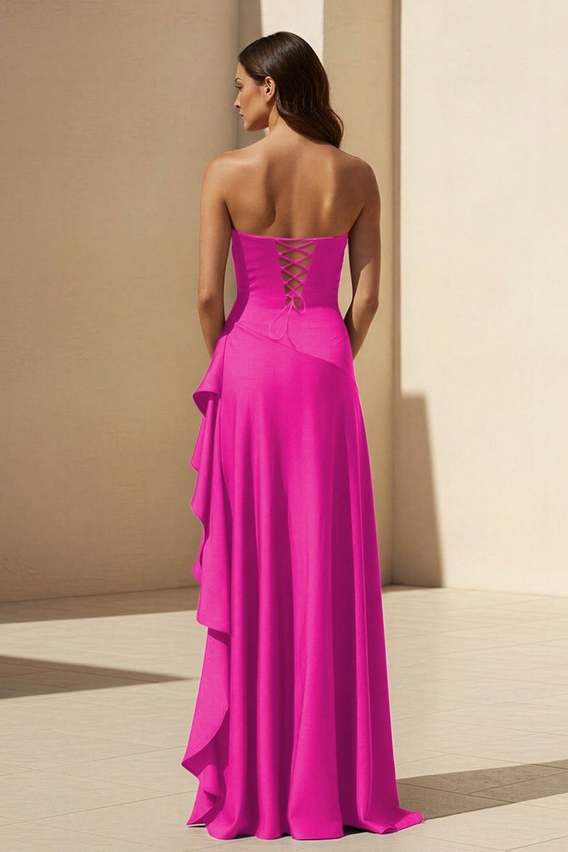 Magenta Strapless A Line High Low Formal Prom Dresses With Ruffles