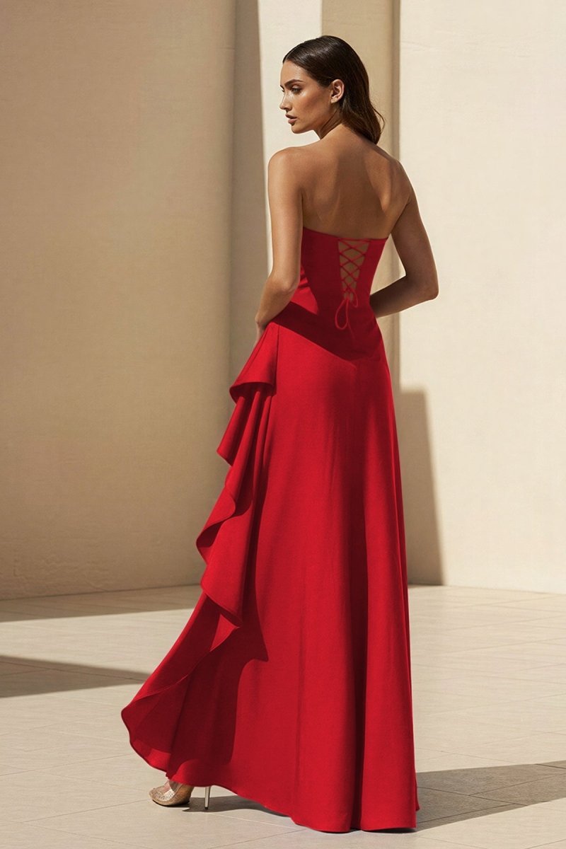 Magenta Strapless A Line High Low Formal Prom Dresses With Ruffles