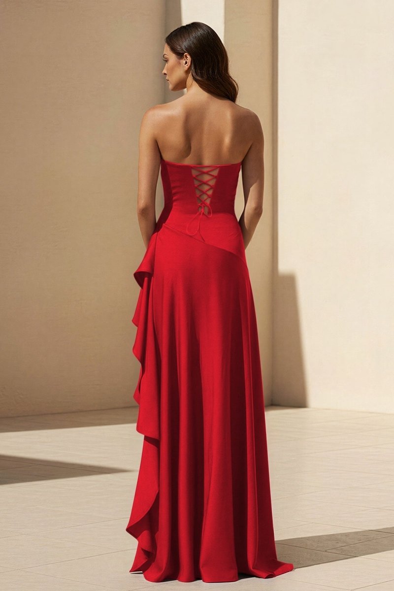 Magenta Strapless A Line High Low Formal Prom Dresses With Ruffles