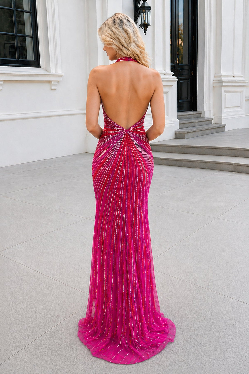 Fuchsia Halter Mermaid Beaded Prom Dress With Split