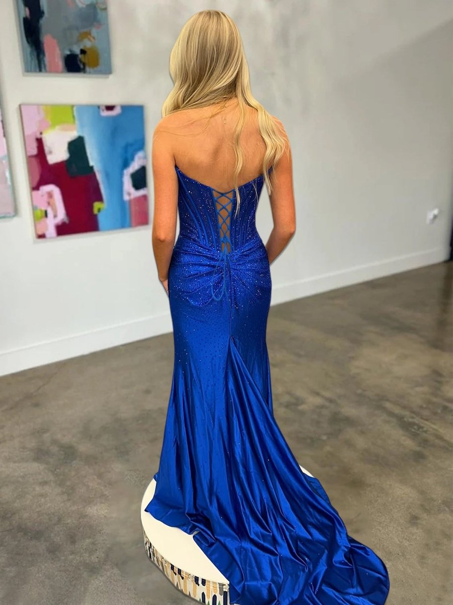 Mermaid Gold Strapless Satin Corset Long Prom Dresses with Slit