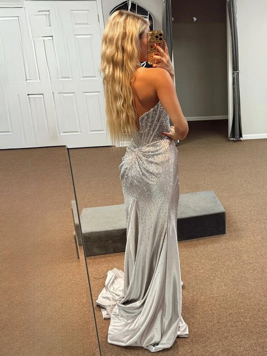 Mermaid Gold Strapless Satin Corset Long Prom Dresses with Slit