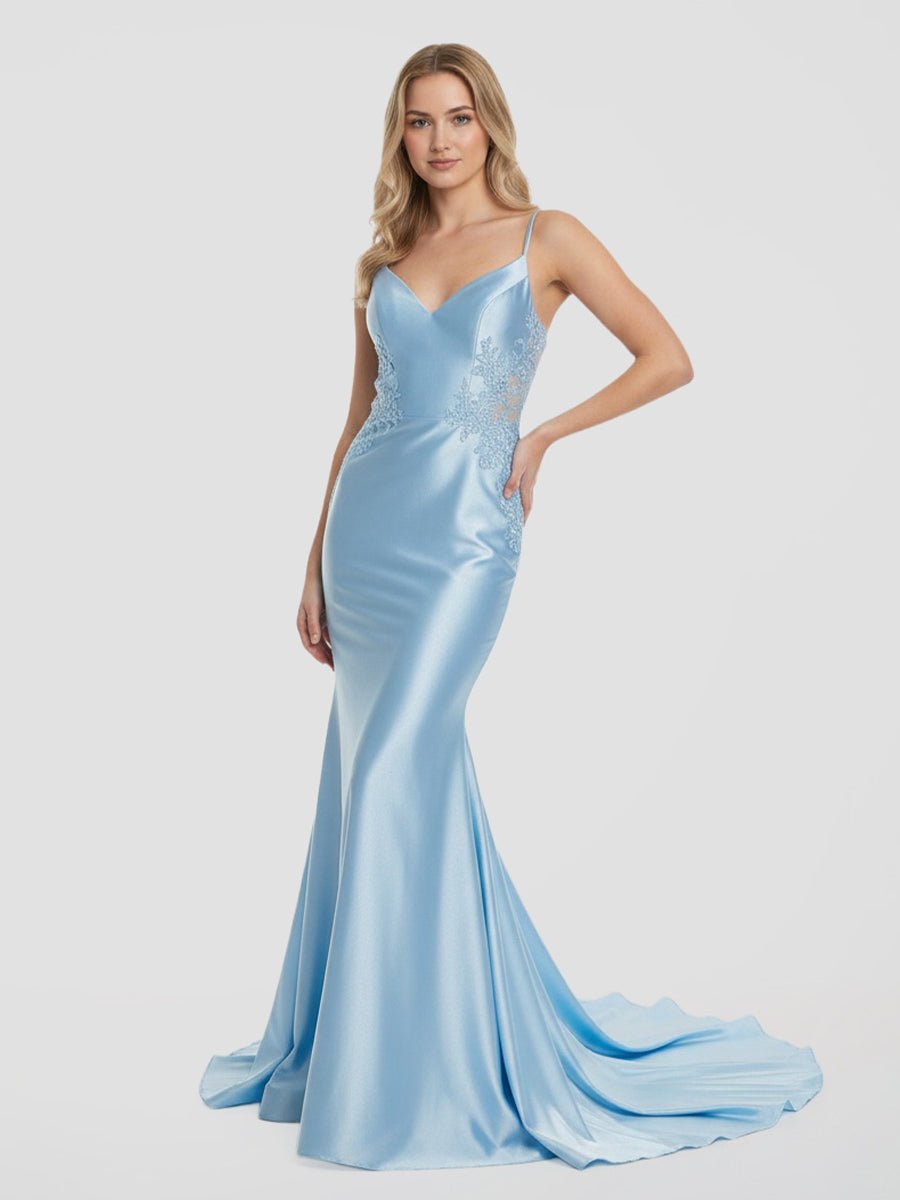 Spaghetti Straps Light Blue Appliques Mermaid Prom Dress