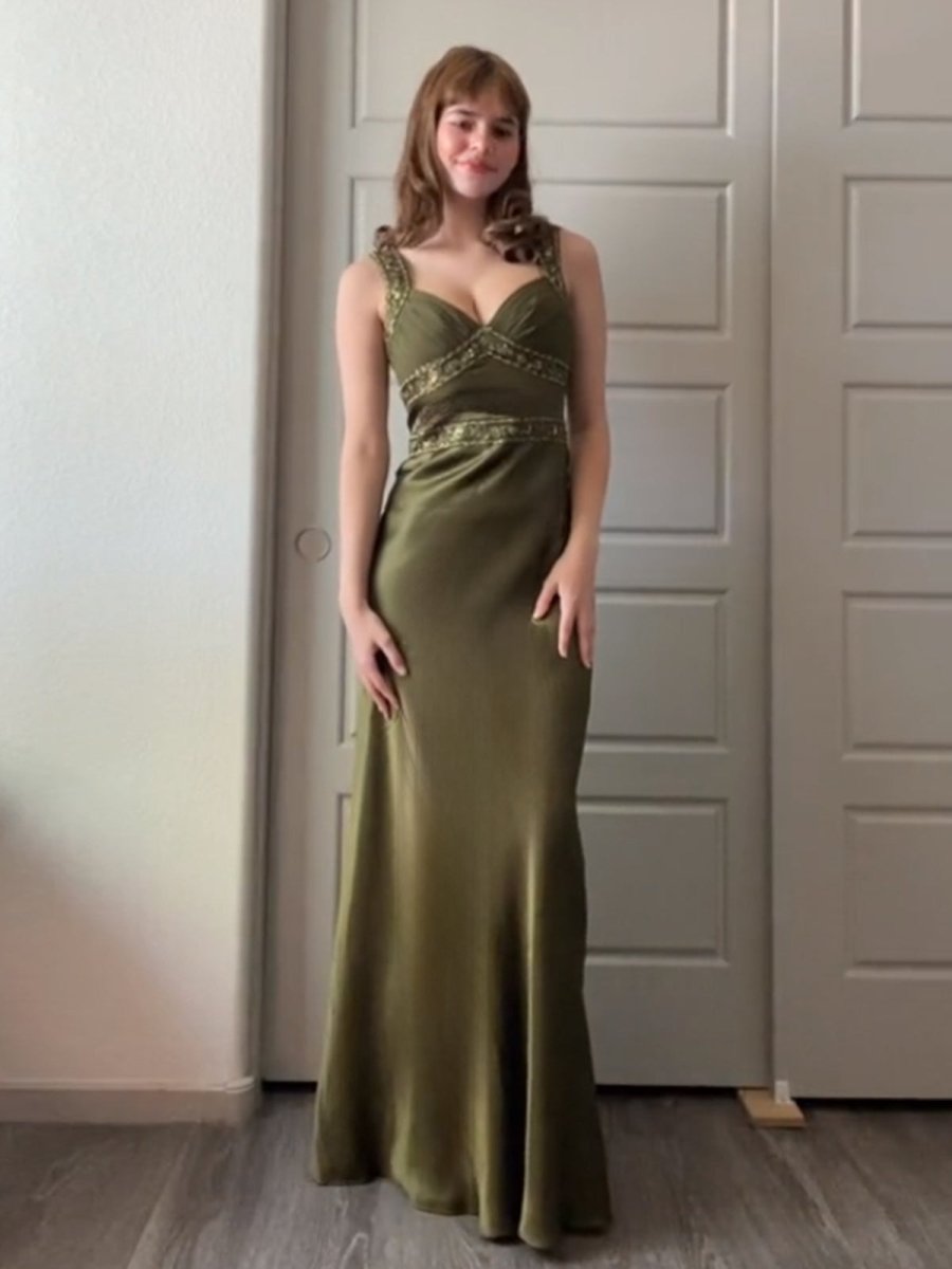 Olive Green Sheath Satin Beaded Long Prom Dresses