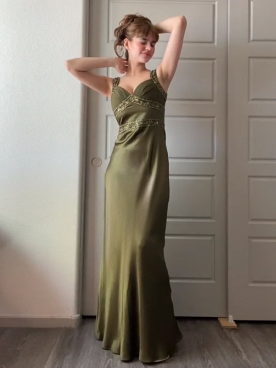 Olive Green Sheath Satin Beaded Long Prom Dresses