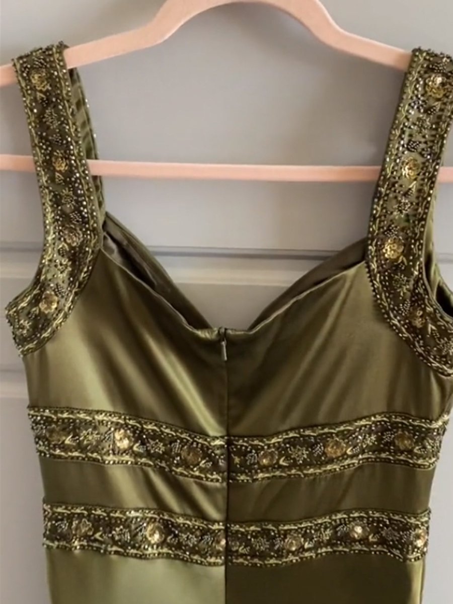Olive Green Sheath Satin Beaded Long Prom Dresses