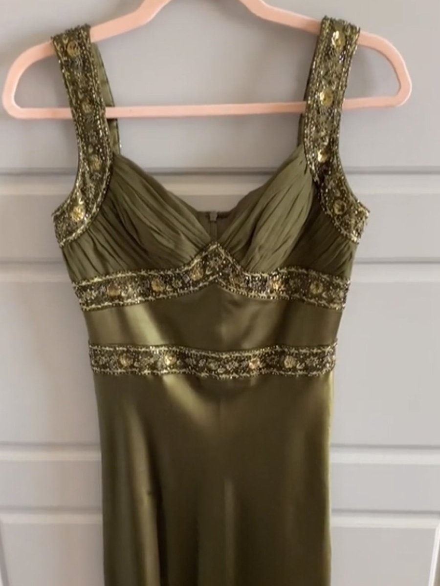 Olive Green Sheath Satin Beaded Long Prom Dresses