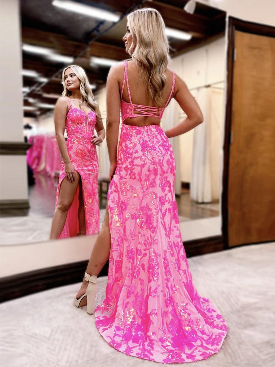 Pink Spaghetti Straps Sequins Lace Mermaid Prom Dresses with Slit