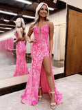 Pink Spaghetti Straps Sequins Lace Mermaid Prom Dresses with Slit
