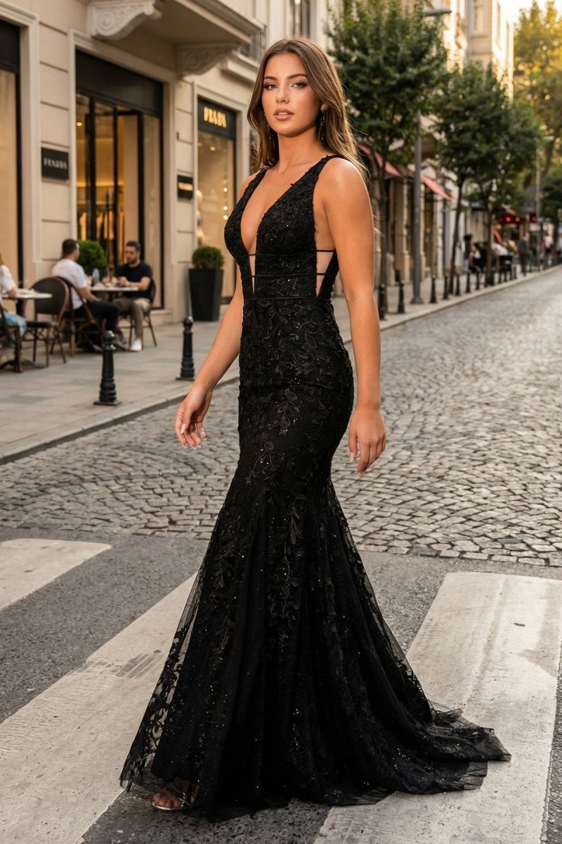 Mermaid Plunge V Neck Lace Prom Dress