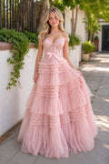 Pink A Line Tulle Ruffles Off the Shoulder Long Prom Dresses with Bow