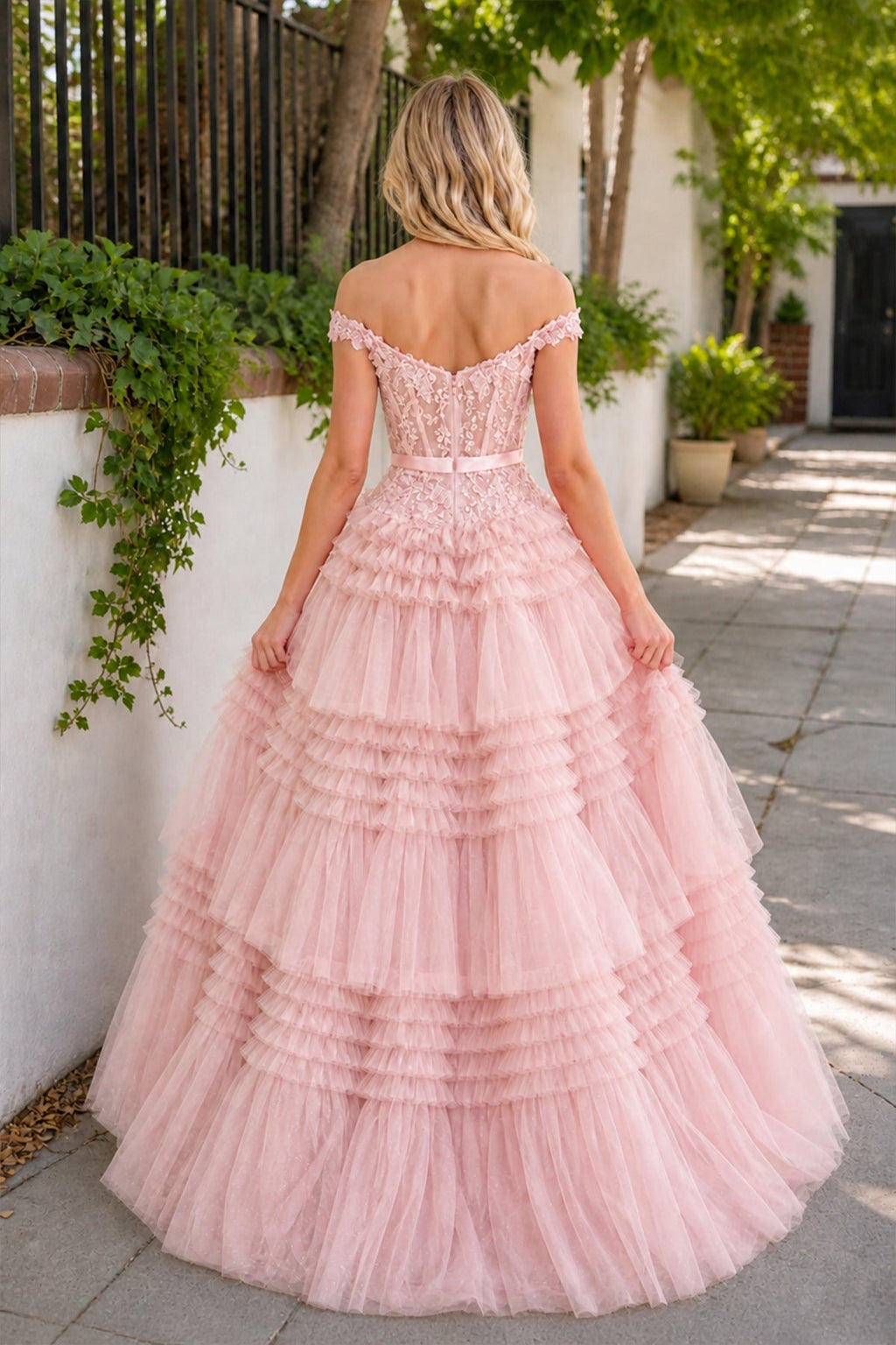 Pink A Line Tulle Ruffles Off the Shoulder Long Prom Dresses with Bow