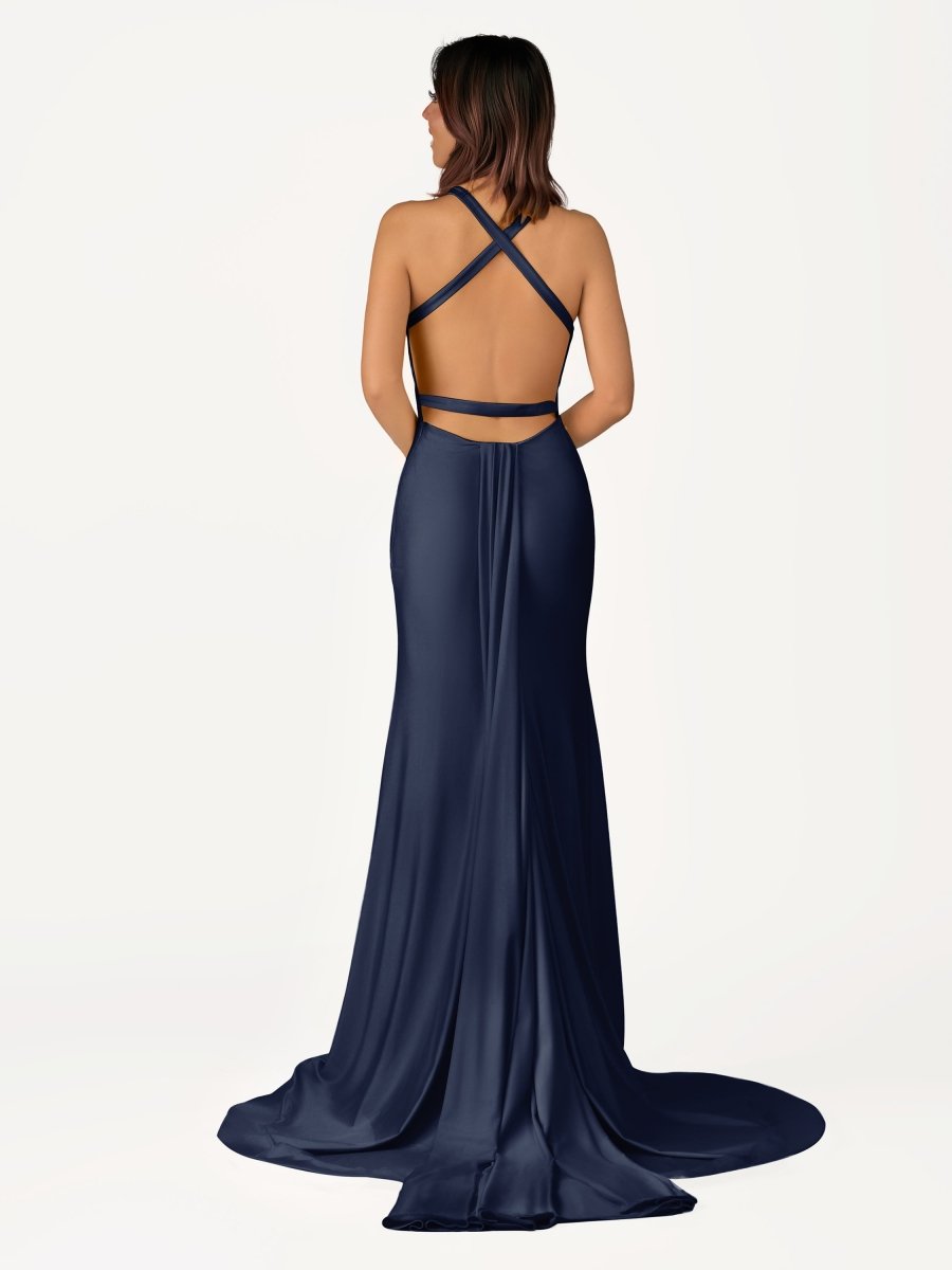 Yellow Mermaid Halter Satin Prom Dresses With Tail Evening Dress