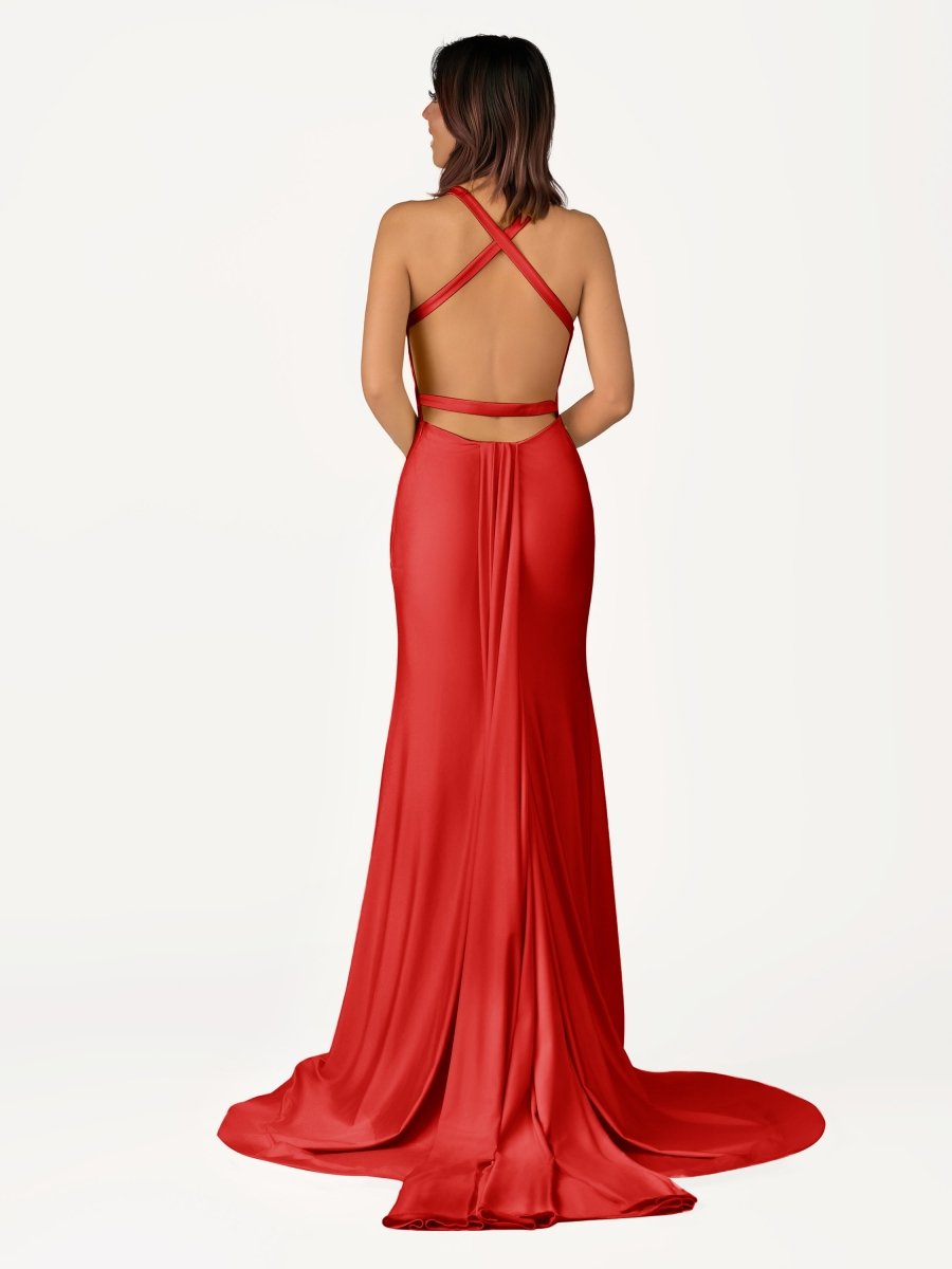 Yellow Mermaid Halter Satin Prom Dresses With Tail Evening Dress
