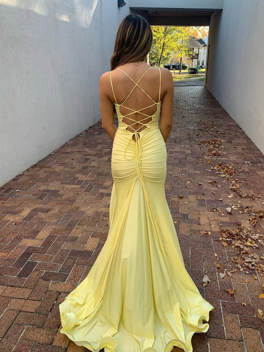 Yellow Spaghetti Straps Satin Mermaid Long Prom Dress With Split