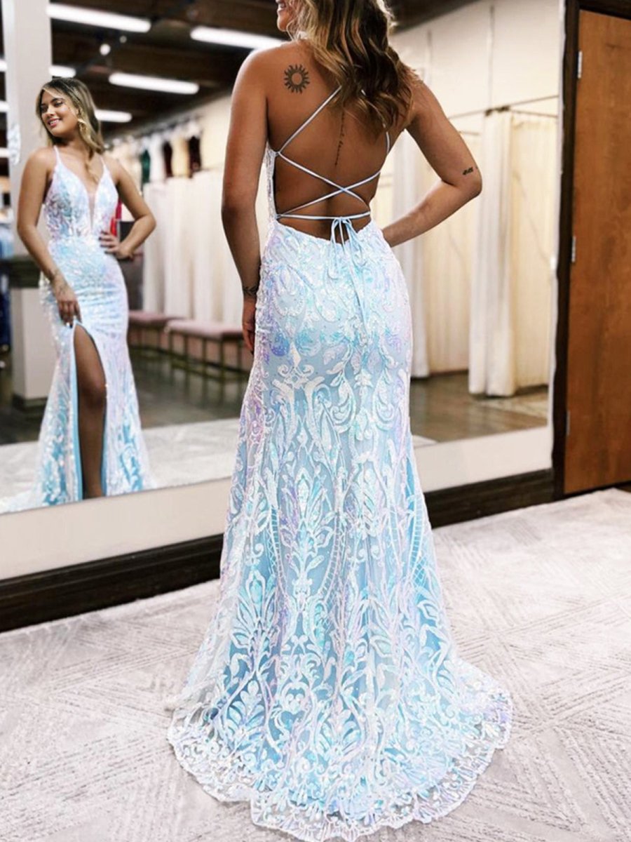 Mermaid Spaghetti Straps Blue Sequins Lace Long Prom Dresses with Slit