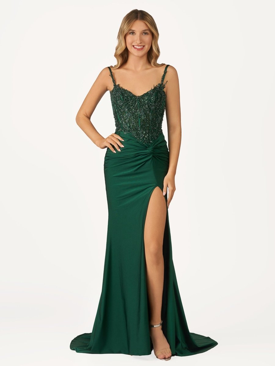 Green V Neck Beading Satin Long Slit Prom Dresses