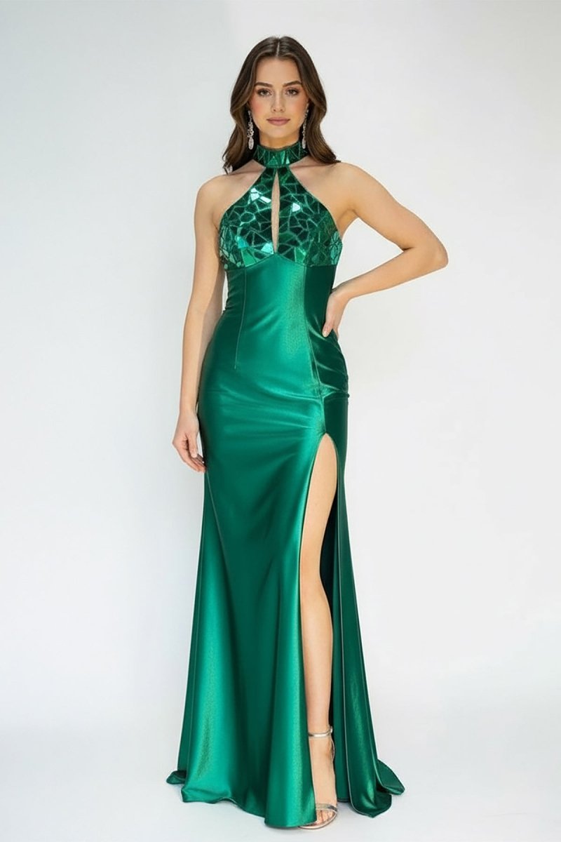 Mermaid Halter Dark Green Satin Long Prom Dresses with Beads