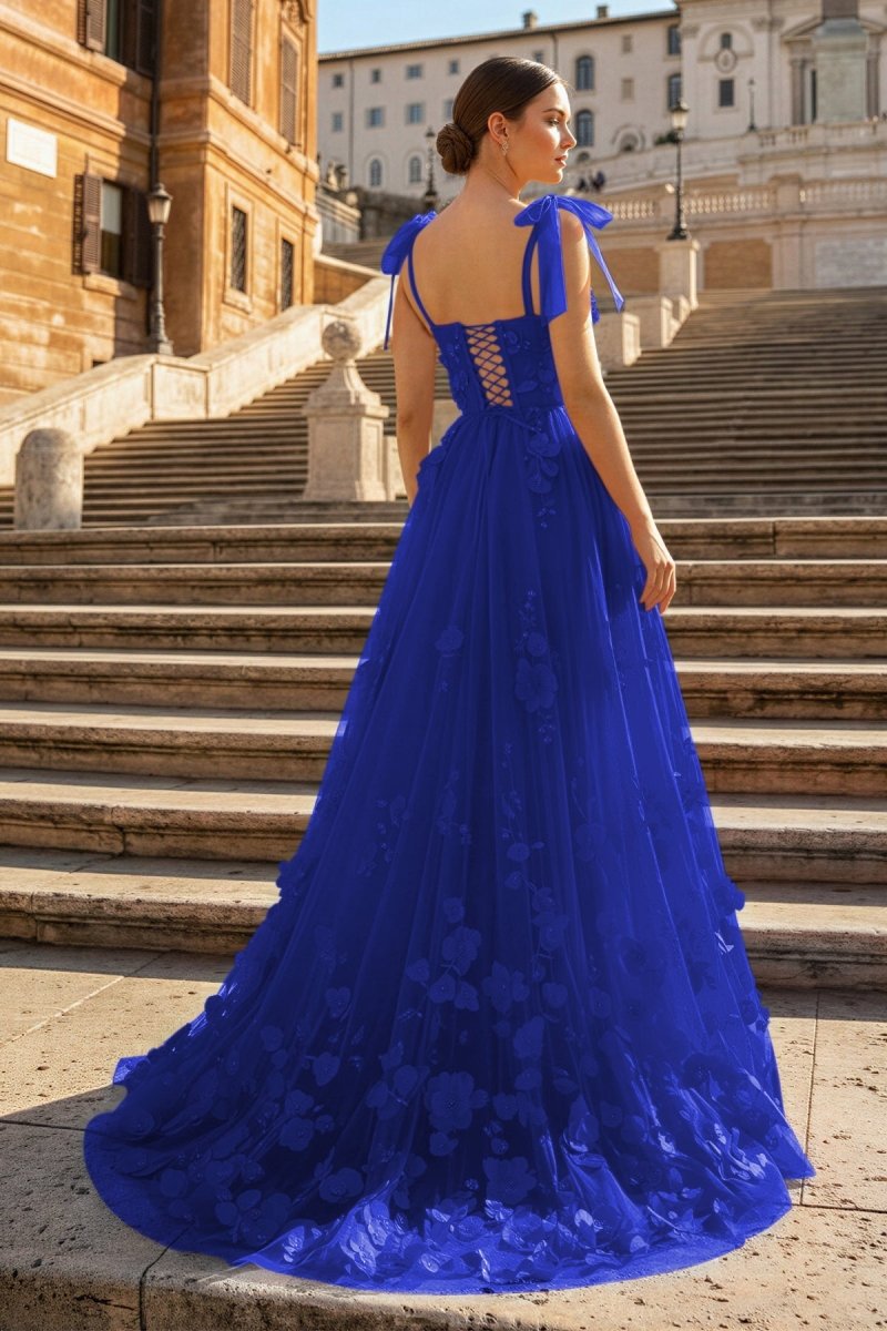 Scarlet Tulle A-line 3D Flower Long Prom Dress With Slit